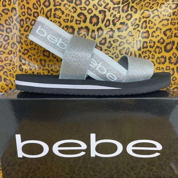 Bebe Atena Silver Giltter Stretch Sandals NWT Sz9 - Picture 1 of 16